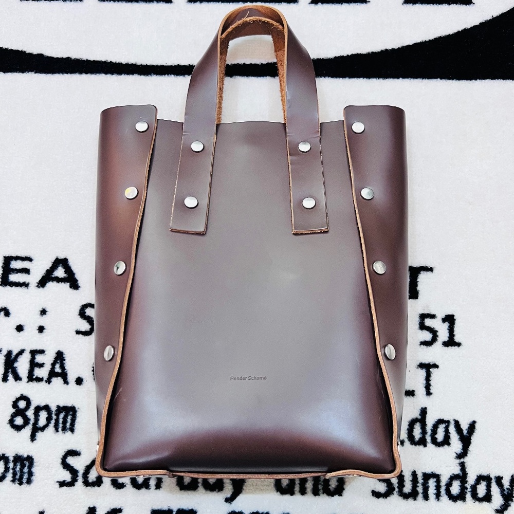 Hender Scheme Leather Studded Assemble Tote Handbag Tall - Burgundy / Camel